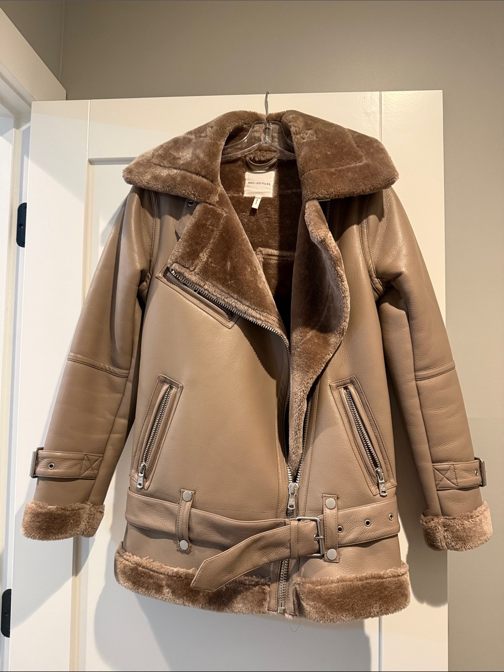 Avec Les Filles Taupe Faux Shearling Moto Jacket